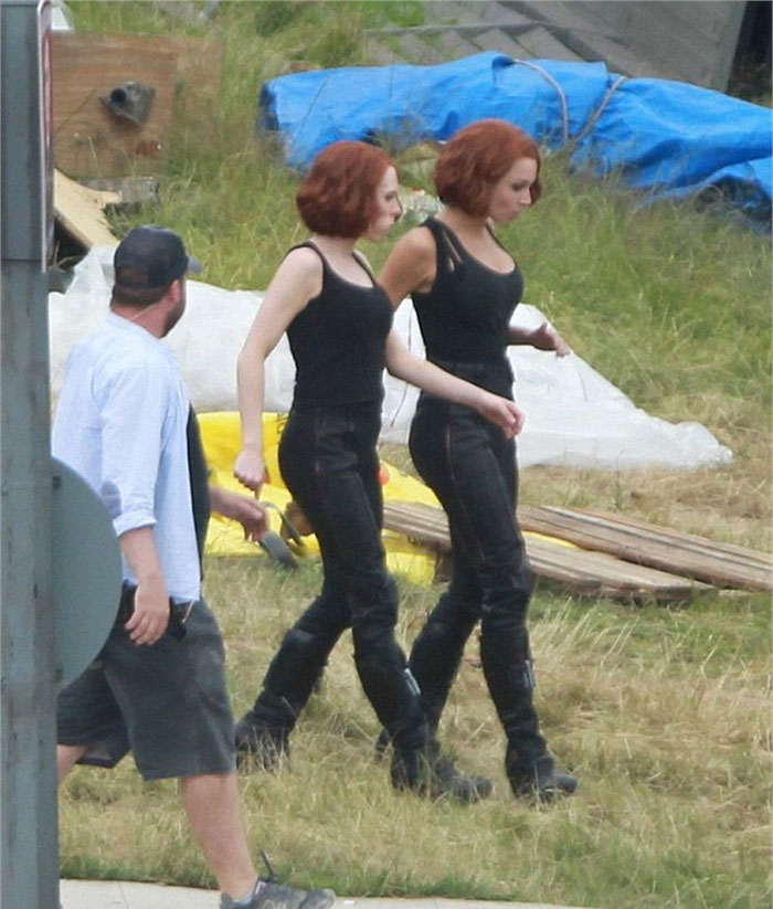 Scarlett Johansson (Black Widow) and her stunt double Heidi Moneymaker
