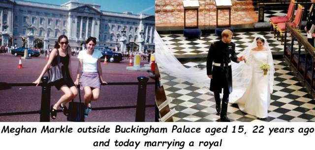 buckingham palace - Meghan Markle outside Buckingham Palace aged 15, 22 years ago and today marrying a royal