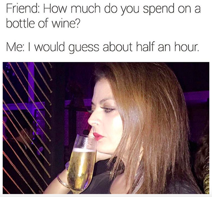 funny drunk memes - Friend How much do you spend on a bottle of wine? Me I would guess about half an hour.