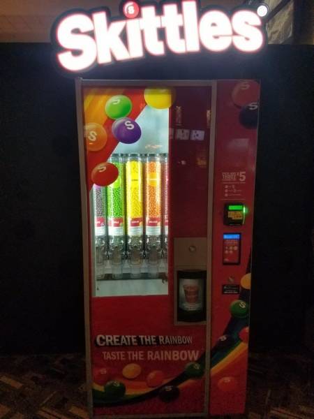 This Skittles machine lets you control the ratio of colors in your order (no orange for me, TYSM):