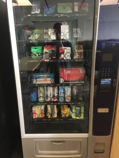 This vending machine at a school sells school supplies, meaning you can finally tell Becky to go buy her own stinkin' pencils: