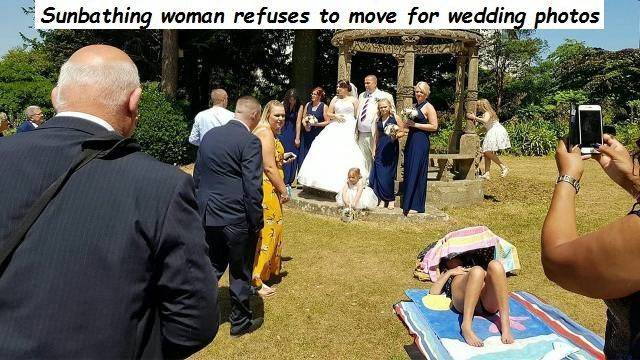 sunbather at wedding - Sunbathing woman refuses to move for wedding photos