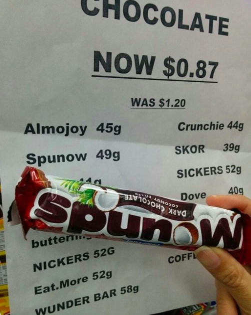 cool you had one job fails - Chocolate Now $0.87 Was $1.20 Almojoy 45g Crunchie 44g Spunow 49g Skor 399 Sickers 52g Dove 40g W Ohnoso Ohs Buvo In buttenir Coffl Nickers 52G Eat.More 52g Wunder Bar 589
