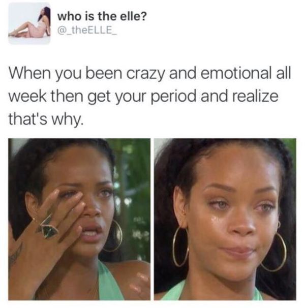 memes - pms meme - who is the elle? When you been crazy and emotional all week then get your period and realize that's why.