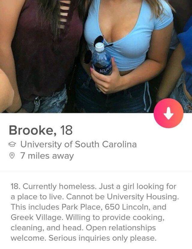 shameless tinder - Brooke, 18 University of South Carolina 0 7 miles away 18. Currently homeless. Just a girl looking for a place to live. Cannot be University Housing. This includes Park Place, 650 Lincoln, and Greek Village. Willing to provide cooking, 
