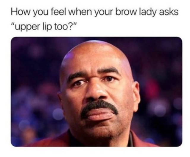 memes  - steve harvey - How you feel when your brow lady asks "upper lip too?"