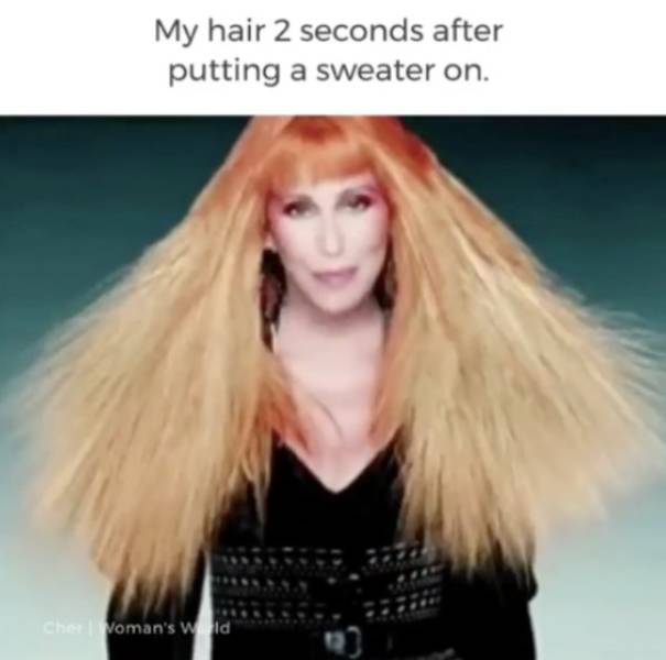 memes  - women 37 - My hair 2 seconds after putting a sweater on. CheVoman's Wid