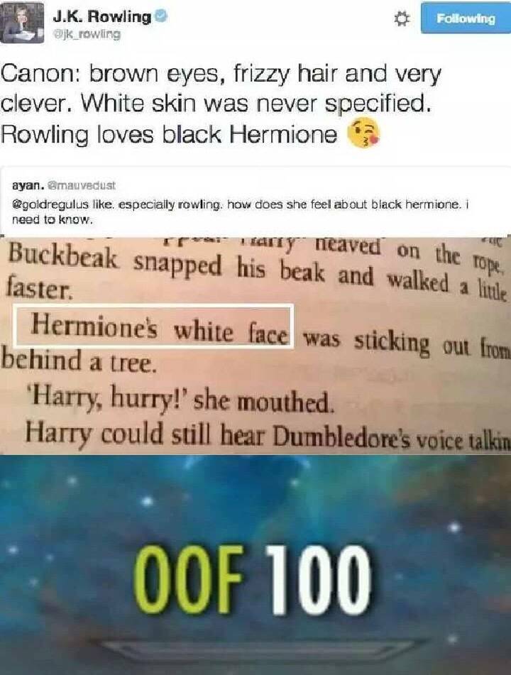 memes - jk rowling meme - J.K. Rowling ing Canon brown eyes, frizzy hair and very clever. White skin was never specified. Rowling loves black Hermione ayan. , especially rowling. how does she feel about black hermione. i need to know Ce or Buckbeak snappe