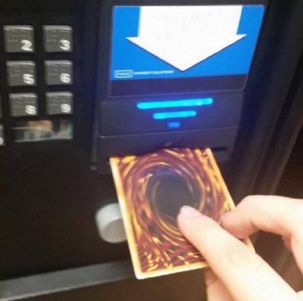 Cursed image of someone putting a Yu Gi Oh card into a vending machine