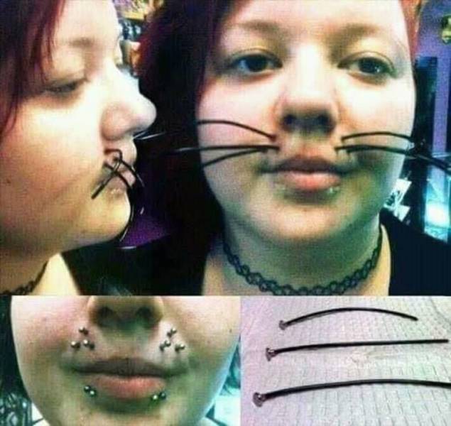 Cursed image of girl with got piercings to turn them into whiskers