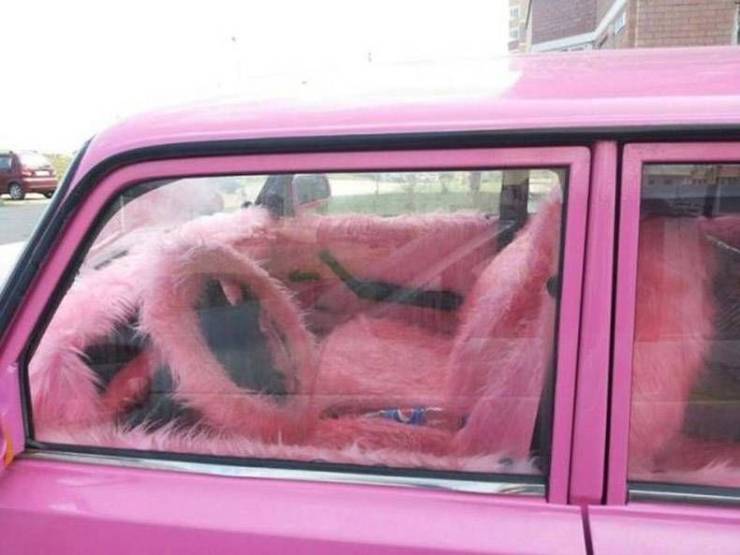 Cursed image of pink car with pink fur interior
