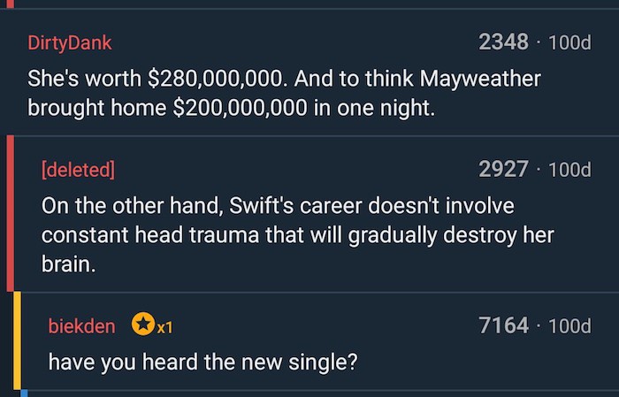 software - DirtyDank 2348 100d She's worth $280,000,000. And to think Mayweather brought home $200,000,000 in one night. deleted 2927 100d On the other hand, Swift's career doesn't involve constant head trauma that will gradually destroy her brain. 7164 .