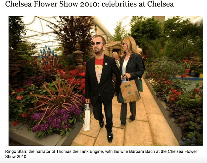ringo starr age meme - Chelsea Flower Show 2010 celebrities at Chelsea Ringo Starr, the narrator of Thomas the Tank Engine, with his wife Barbara Bach at the Chelsea Flower Show 2010.