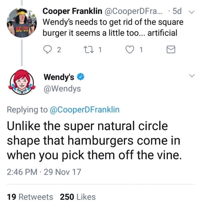 wendy's company - Cooper Franklin ... . 5d v Wendy's needs to get rid of the square burger it seems a little too... artificial 02 221 1 g Wendy's Un the super natural circle shape that hamburgers come in when you pick them off the vine. 29 Nov 17 19 250