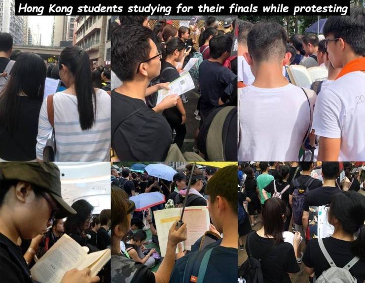crowd - Hong Kong students studying for their finals while protesting