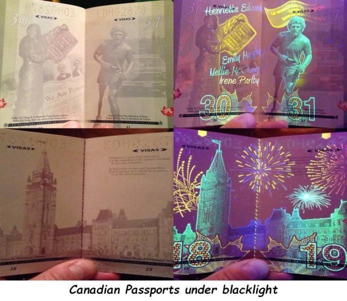 graphic design - Henrietta Eload Emuy Muri Nellie McCura Irene Parlby ie Canadian Passports under blacklight