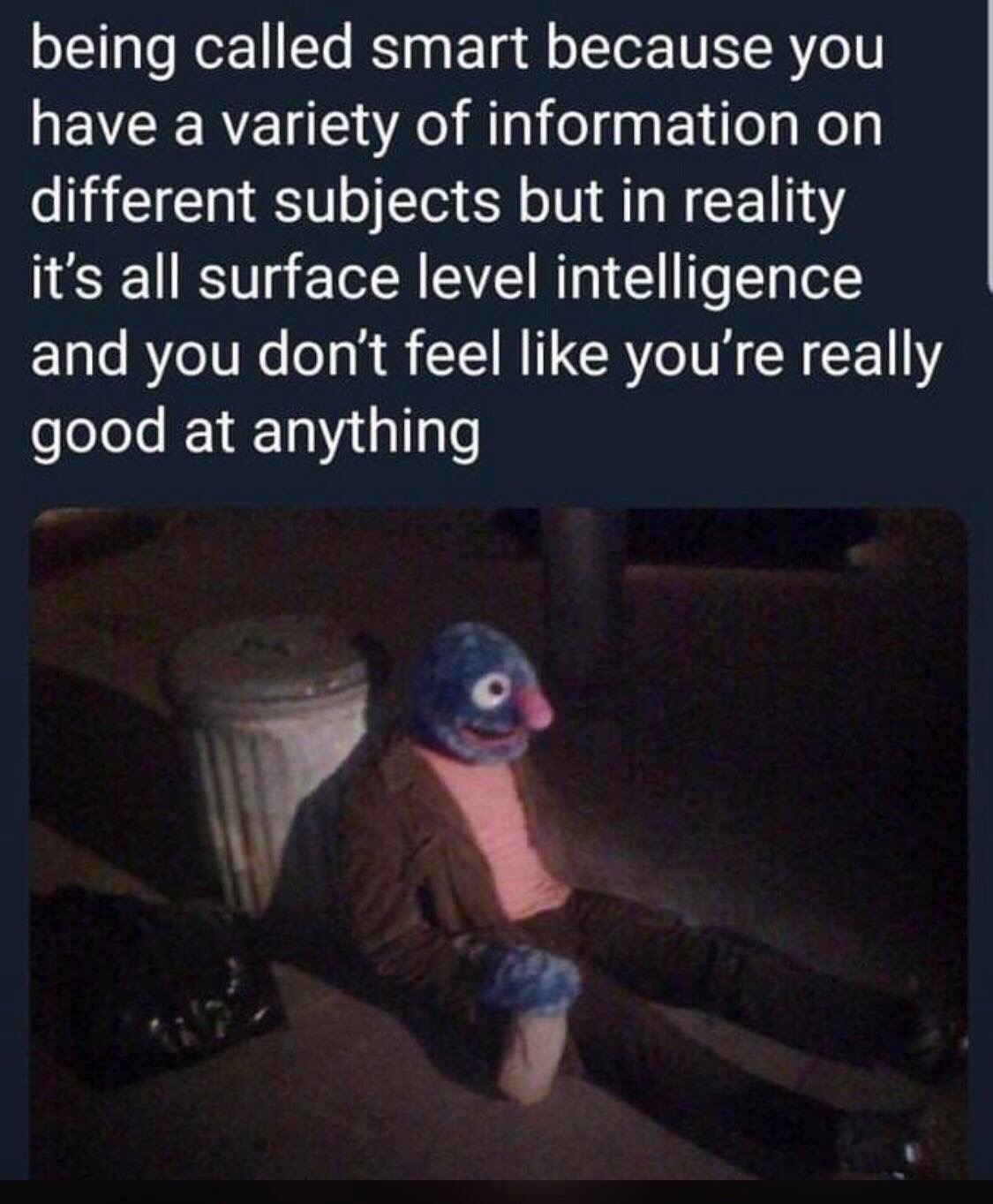 being called smart because you have a variety of information - being called smart because you have a variety of information on different subjects but in reality it's all surface level intelligence and you don't feel you're really good at anything