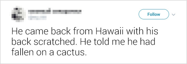 ex-boyfriends fails - He came back from Hawaii with his back scratched. He told me he had fallen on a cactus.