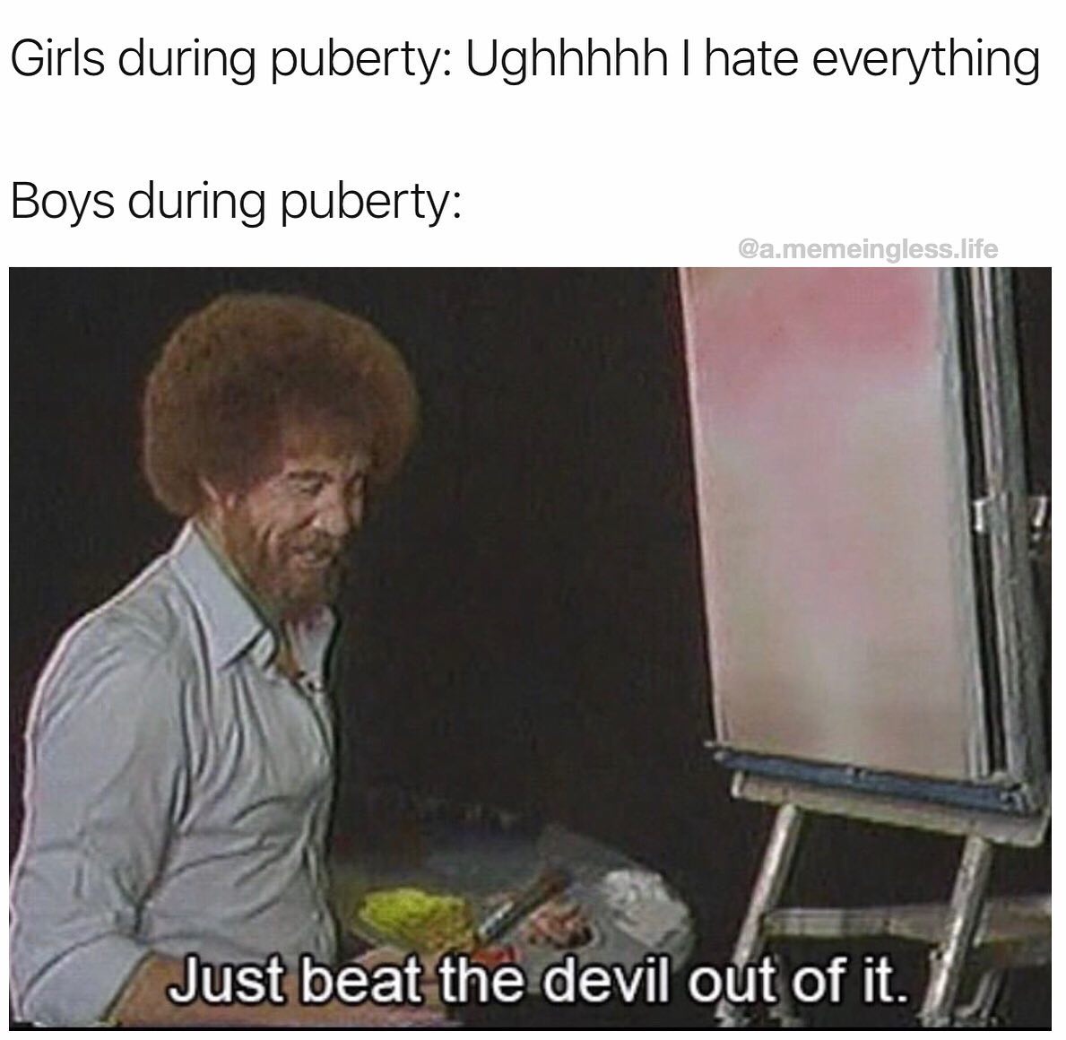 meme - Meme - Girls during puberty Ughhhhh I hate everything Boys during puberty .memeingless.life Just beat the devil out of it.