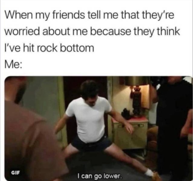 funny meme - funny quotes and sayings - When my friends tell me that they're worried about me because they think I've hit rock bottom Me Gif I can go lower.