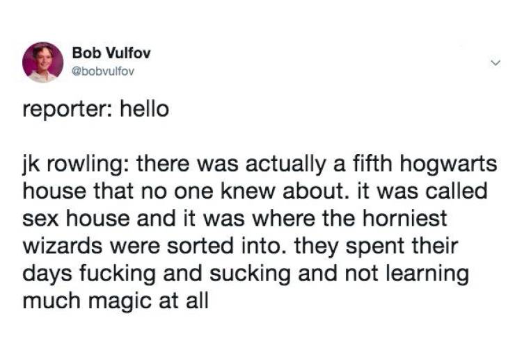 document - Bob Vulfov reporter hello jk rowling there was actually a fifth hogwarts house that no one knew about, it was called sex house and it was where the horniest wizards were sorted into. they spent their days fucking and sucking and not learning mu