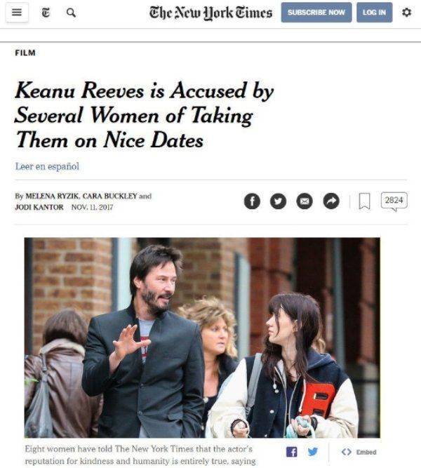 keanu reeves accused imgur - The New York Times Subscribe Now Log In Film Keanu Reeves is Accused by Several Women of Taking Them on Nice Dates Leer en espanol By Melena Ryzik, Cara Buckley and Jodi Kantor Nov. 11. 2017 2824  Embed Eight women have told T