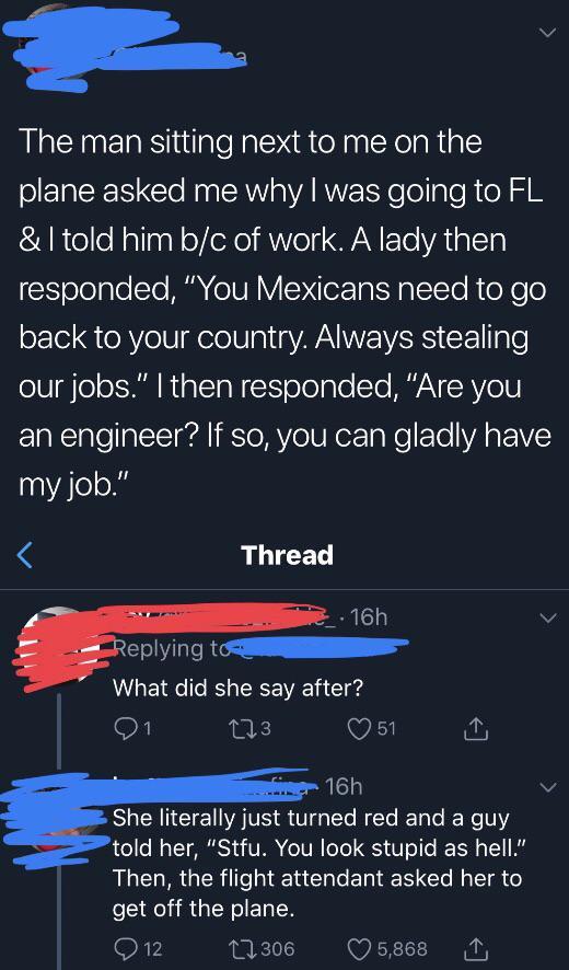 sky - The man sitting next to me on the plane asked me why I was going to Fl & I told him bc of work. A lady then responded, "You Mexicans need to go back to your country. Always stealing our jobs." I then responded, "Are you an engineer? If so, you can g