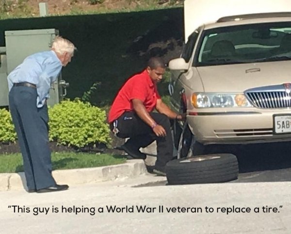 chick fil a tire - 5AB "This guy is helping a World War Ii veteran to replace a tire."