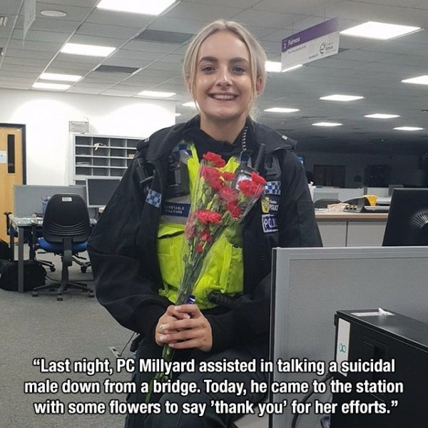 pc millyard - "Last night, Pc Millyard assisted in talking a suicidal male down from a bridge. Today, he came to the station with some flowers to say "thank you for her efforts."