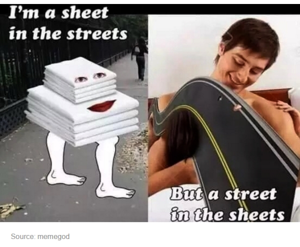 sheet in the streets - I'm a sheet in the streets But a street in the sheets Source memegod