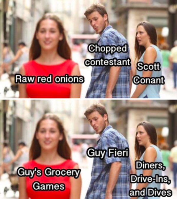 red dress meme - Chopped contestant Scott Raw red onions Conant Guy's Grocery Games Guy Fieri Diners, DriveIns, and Dives