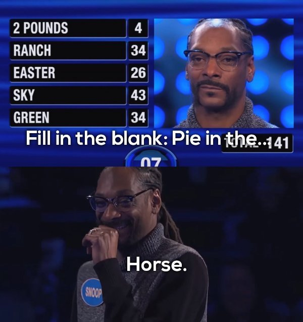 funny family feud - 34 26 2 Pounds Ranch Easter Sky Green Fill in the blank Pie in the..141 43 34 07 Horse.