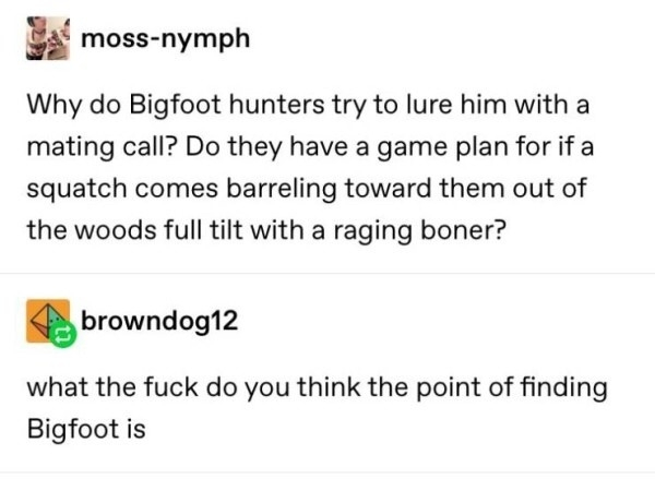 bigfoot mating call meme - A mossnymph Why do Bigfoot hunters try to lure him with a mating call? Do they have a game plan for if a squatch comes barreling toward them out of the woods full tilt with a raging boner? browndog12 what the fuck do you think t