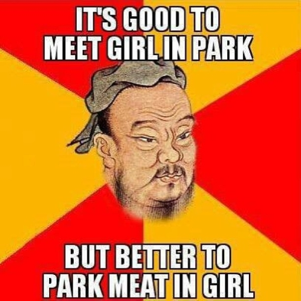 confucius say - It'S Good To Meet Girl In Park But Better To Park Meat In Girl