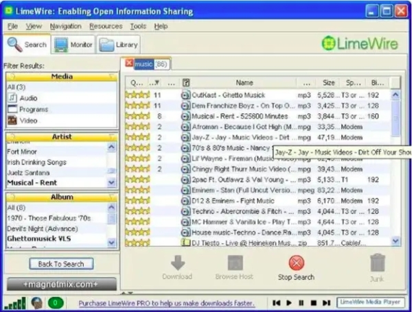 p2p programs - LimeWire Enabling Open Information Sharing Eile View Navigation Resources Tools Help Search Monitor Library LimeWire Filter Results x music 85 Media ... Q... ... 11 All 3 Audio Programs Video el 8 and 2 2 2 Artist Name ... Size Sp... Bi... 