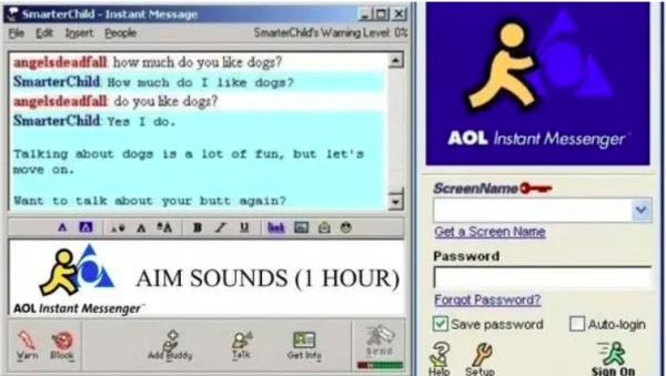 aol instant messenger - SmarterChild Instant Message Ele Edt Insert People SmarterChild's Warning Level 0% angels deadfall how much do you dogs? Smarter Child How much do I dogs? angelsdeadfall do you dogs? Smarter Child Yes I do. Aol Instant Messenger Ta