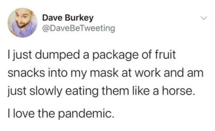 smile - Dave Burkey I just dumped a package of fruit snacks into my mask at work and am just slowly eating them a horse. I love the pandemic.