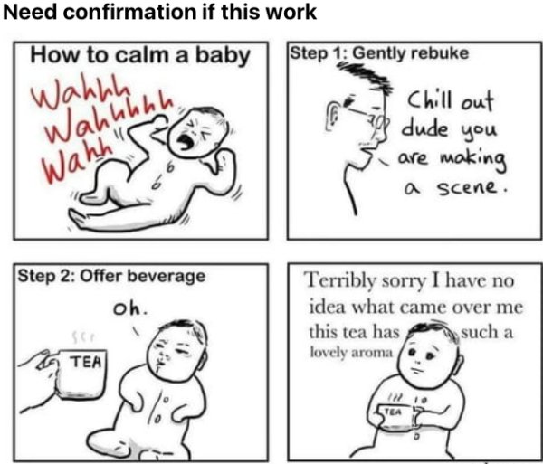 calm a baby meme - Need confirmation if this work How to calm a baby Step 1 Gently rebuke Wahhh Chill out Wahhhhh dude you Wahh are making a scene. Step 2 Offer beverage oh. Terribly sorry I have no idea what came over me this tea has such a lovely aroma 