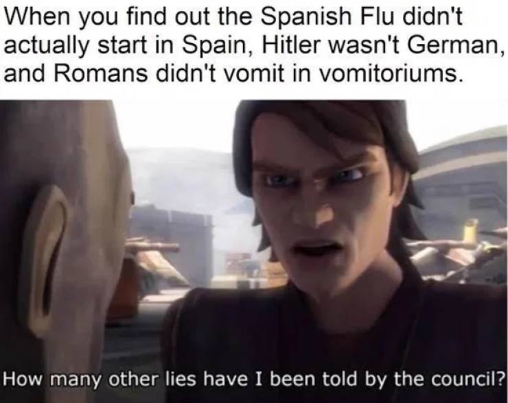 history memes - When you find out the Spanish Flu didn't actually start in Spain, Hitler wasn't German, and Romans didn't vomit in vomitoriums. How many other lies have I been told by the council?