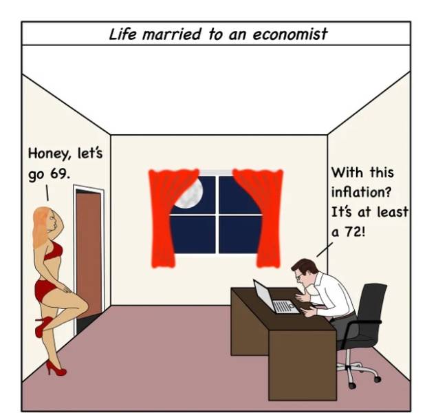 cartoon - Life married to an economist Honey, let's go 69. With this inflation? It's at least a 72!