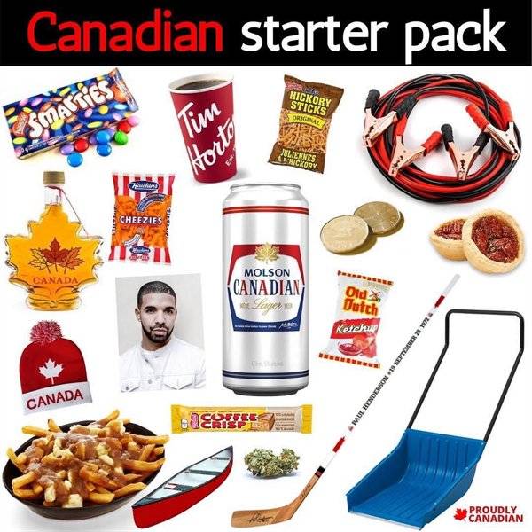 meal - Canadian starter pack Hickory Sticks Original Smalties Tim Horto Juliennes Aishickory Hardin Cheezies Canada Molson Canadian e Lapete Old Dutch Ketchup Mer 2 Canada Paul Henderson Deri Coffee Risp Proudly Canadian