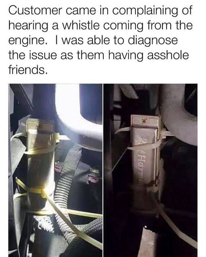 customer complaining of a whistling sound - Customer came in complaining of hearing a whistle coming from the engine. I was able to diagnose the issue as them having asshole friends.