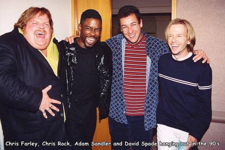 Chris Farley, Chris Rock, Adam Sandler and David Spade hanging out in the 90's