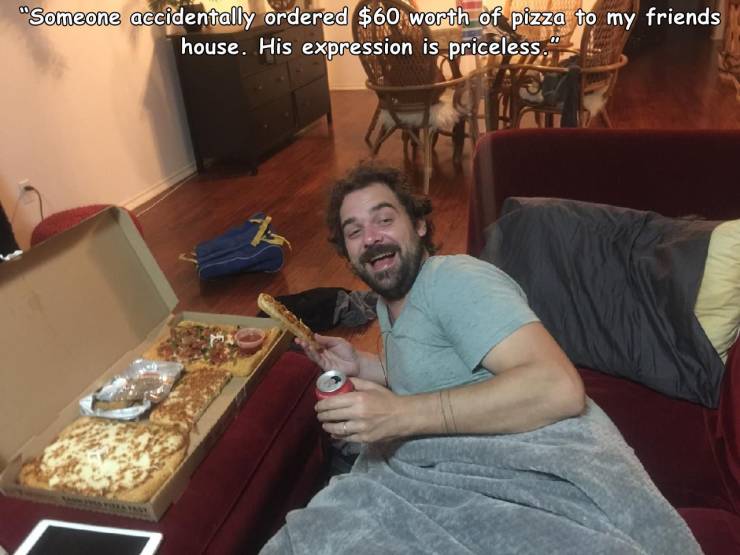 someone accidentally ordered $60 worth of pizza to my friend's house. His expression is priceless