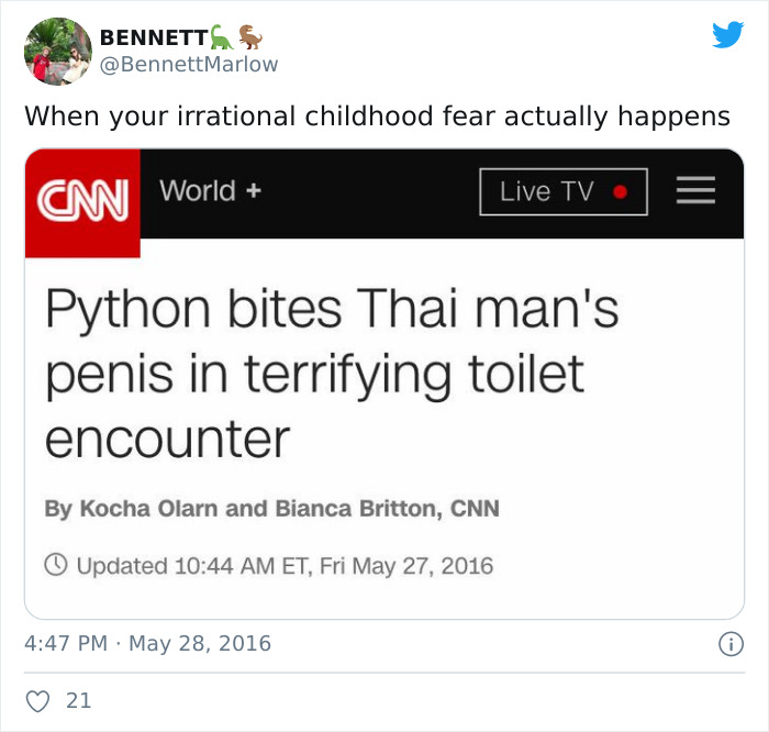web page - Bennett When your irrational childhood fear actually happens Cm World Live Tv Python bites Thai man's penis in terrifying toilet encounter By Kocha Olarn and Bianca Britton, Cnn 0 Updated Et, Fri 21