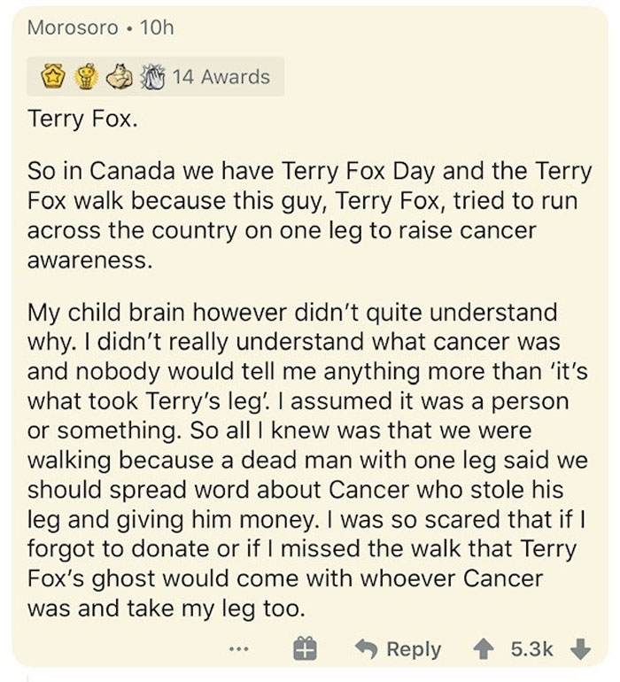 document - Morosoro 10h 14 Awards Terry Fox. So in Canada we have Terry Fox Day and the Terry Fox walk because this guy, Terry Fox, tried to run across the country on one leg to raise cancer awareness. My child brain however didn't quite understand why. I