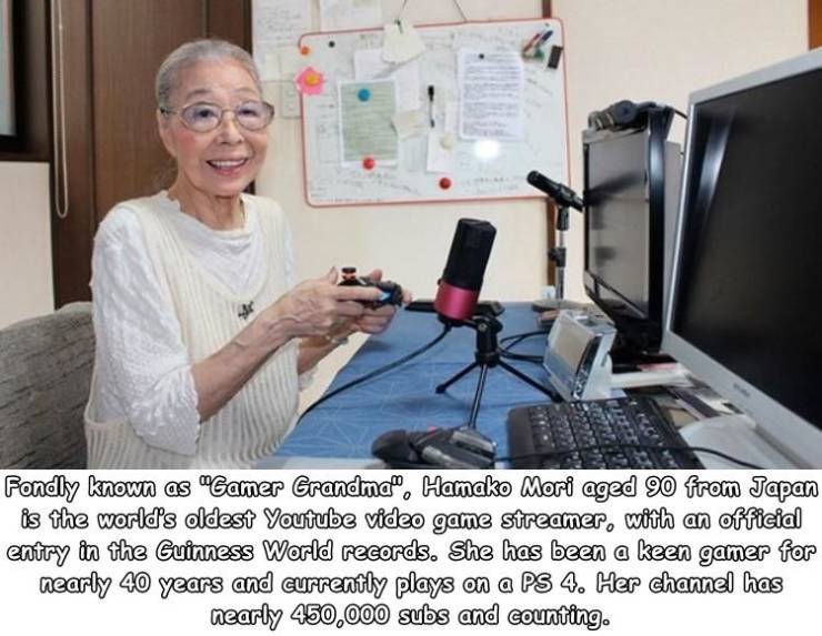 Fondy known as "Gamer Grandma", Hamako Mori aged 90 from Japan is the world's oldest Youtube video game streamer, with an official entry in the Guinness World records. She has been a keen gamer for nearly 40 years and currently plays on a Ps 4. Her channe