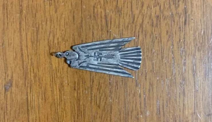 "Small silver fob- Nazi or Navajo"A: "Seems like it is a “Whirling Log Fred Harvey Thunderbird” pendant (Navajo vintage jewellery) I suspect that’s a couple hundred dollars at least."