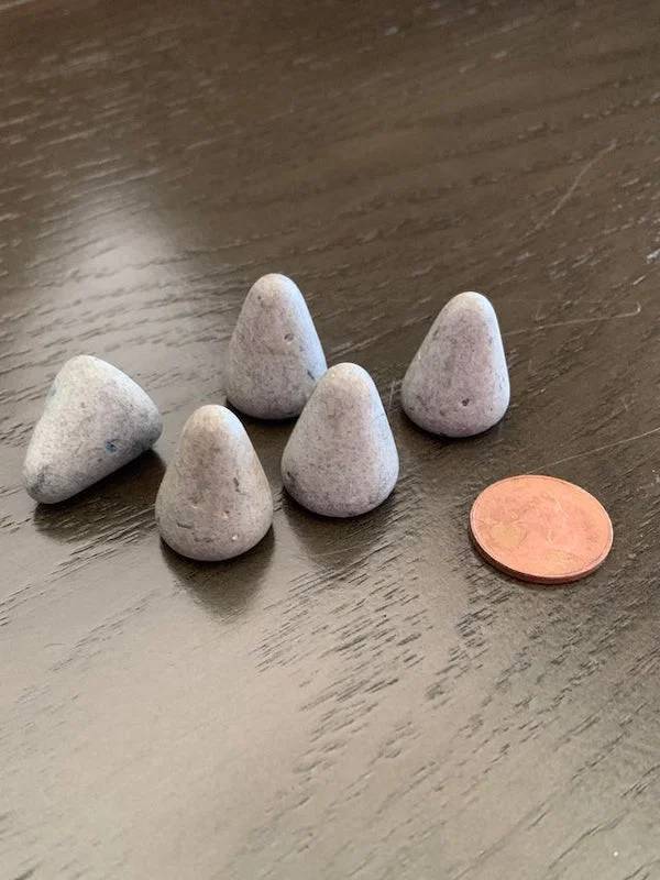 "These small cones I found buried in my backyard. I rinsed them off – penny for scale."A: "Looks like (used) tumbling media."