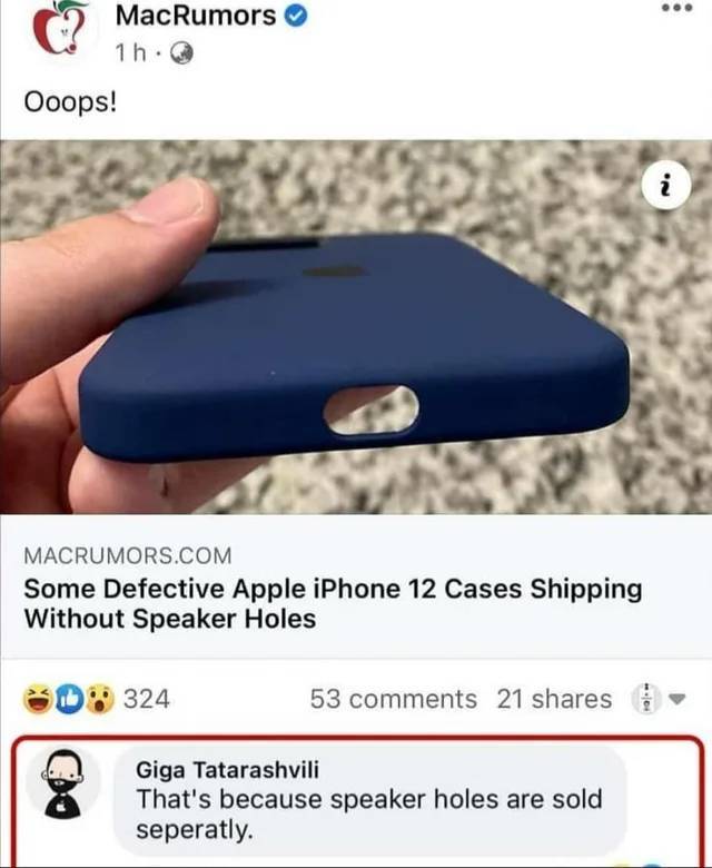 multimedia - MacRumors 1h. Ooops! N. i Macrumors.Com Some Defective Apple iPhone 12 Cases Shipping Without Speaker Holes 03 324 53 21 Giga Tatarashvili That's because speaker holes are sold seperatly.